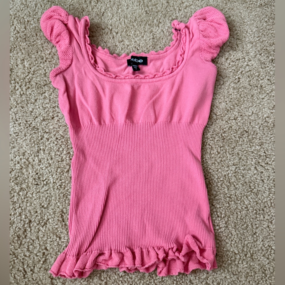 bebe Pink Ruffled Cap Sleeve Knit Top
